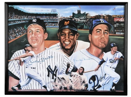 Mickey Mantle, Willie Mays, and Duke Snider Signed and Framed Lithograph
